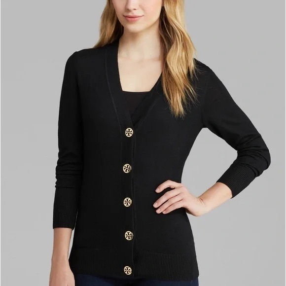 Tory Burch Simone Cardigan Size XL Black 100% Merino Wool Insignia Buttons NWT - Picture 1 of 13
